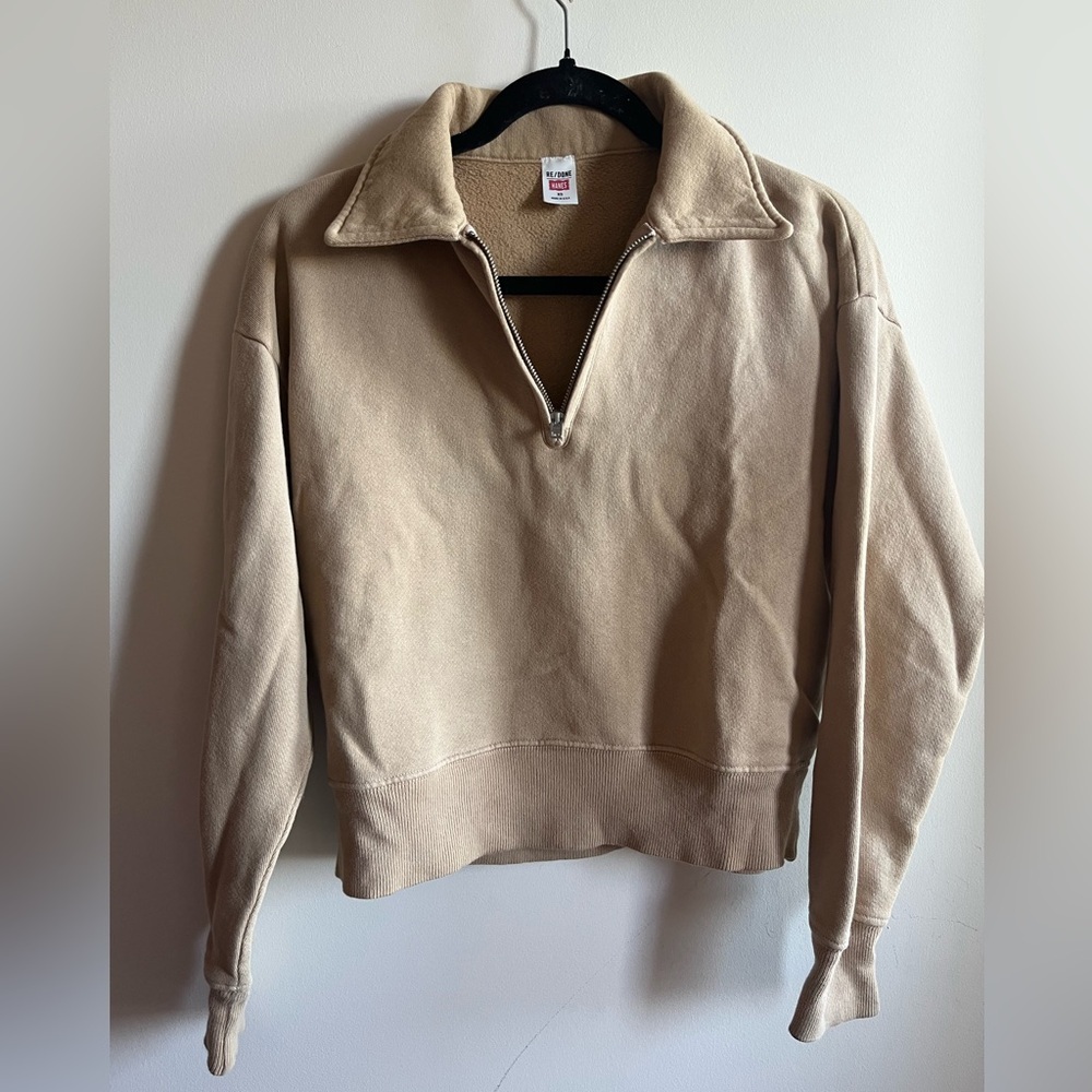 Re/done Hanes Cotton Tan Half-Zip Sweater in Faded Khaki XS